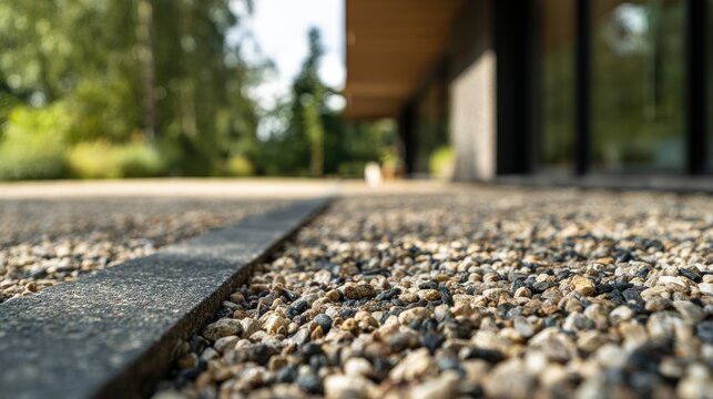 Close-up of decorative gravel path with metal lawn edging and modern house background