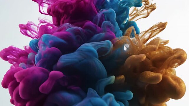 Vibrant, swirling colors of magenta, cyan, and golden brown pigments merge and bloom dramatically in an aquatic diffusion, creating a mesmerizing, fluid abstract explosion that represents