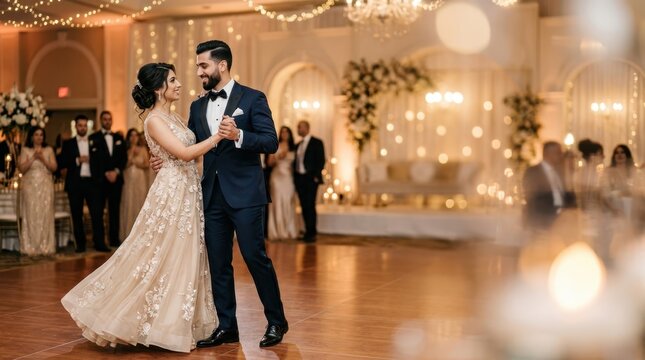 Elegant wedding couple dancing romantically at their reception party