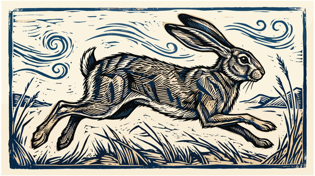 Hare running through grassy field with windy background