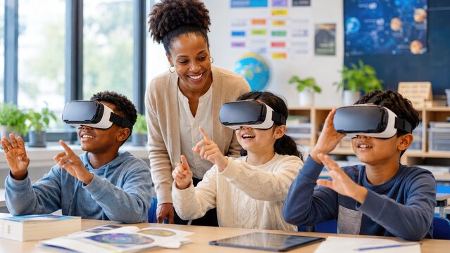 Diverse schoolchildren using virtual reality headsets in classroom with teacher during interactive education lesson