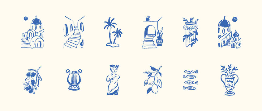 Summer Mediterranean crayon boho icon set. Ancient museum column, ancient amphora, greek vase doodle drawing. Santorini, Athens, Mykonos aegean scenery. Mediterranean Sea, Greece vacation