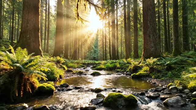 Sunlight streaming through trees over a lush forest creek
