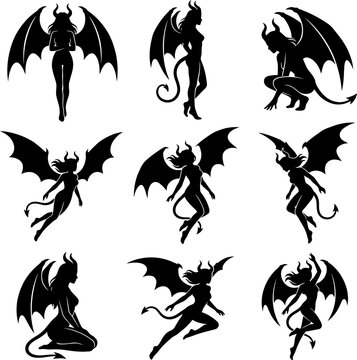 Collection of nine succubus silhouettes with wings and horns, female she-devil shapes and gothic demoness characters vector set