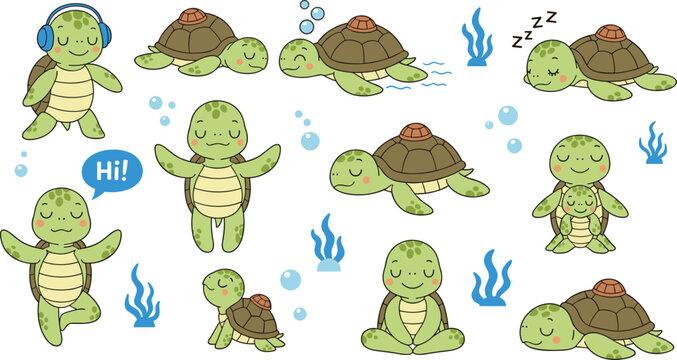 Cute Cartoon Sea Turtle Vector Character Set Showing Poses for Swimming, Yoga, Sleeping, Meditating, and Listening to Music for Kid Designs
