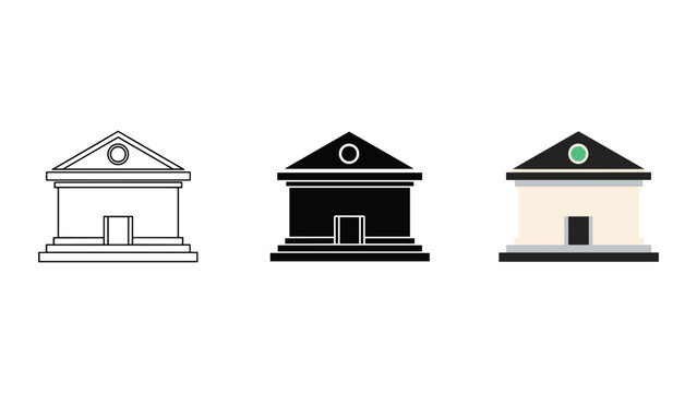 Classical courthouse icon set featuring line art solid black and flat architectural design for legal and government branding isolated on white background