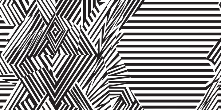 Abstract geometric optical illusion background with black and white zebra stripes, seamless psychedelic line art pattern, and chaotic modern digital vector textures