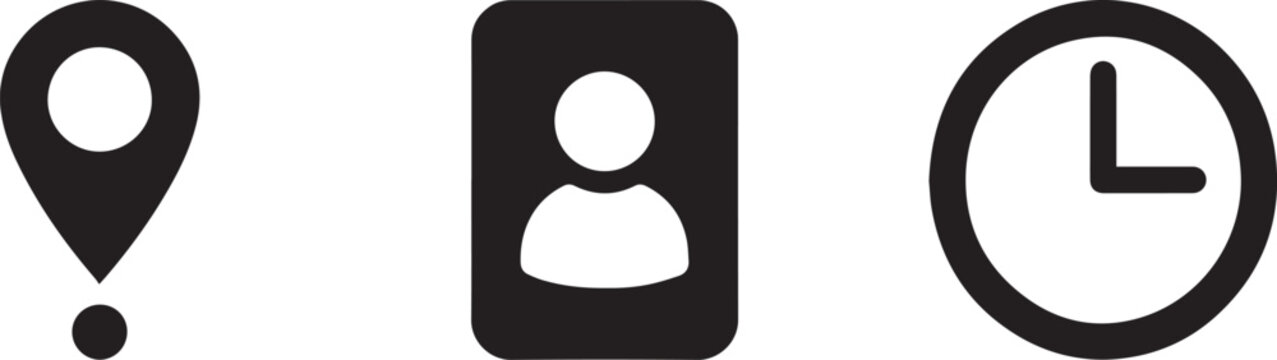 Black silhouette vector icon set featuring a minimalist map location pin profile user avatar inside frame and classic clock symbol on white