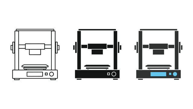 3D printer icon set for additive manufacturing and rapid prototyping technology featuring line art and solid black styles for technical hardware branding and industrial design software graphics