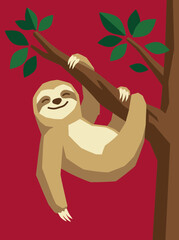 Fototapeta premium A smiling sloth hangs from a tree branch with green leaves.