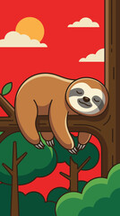 Fototapeta premium Cartoon sloth rests on a tree branch against a red sky.