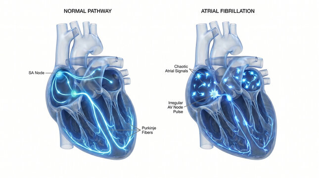 Normal Electrical Conduction vs Atrial Fibrillation in Human Heart