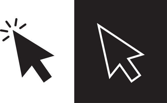 Minimalist vector icon set featuring a black mouse cursor arrow with click ripples and a white outline pointer inside a square
