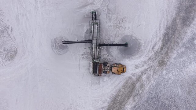 Overhead top-down view of a mobile screener machine being loaded with raw gypsum material by a yellow wheel loader at an open-pit quarry extraction site