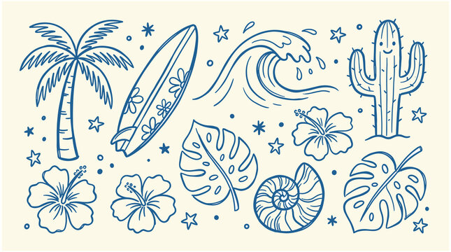 Tropical icons with palm tree, surfboard, wave, cactus, flowers and leaves