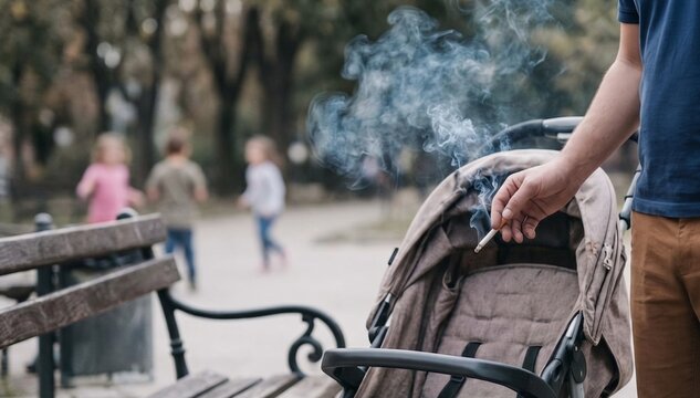 Man holding a smoking cigarette next to a baby stroller in a public park, second-hand smoke concept.