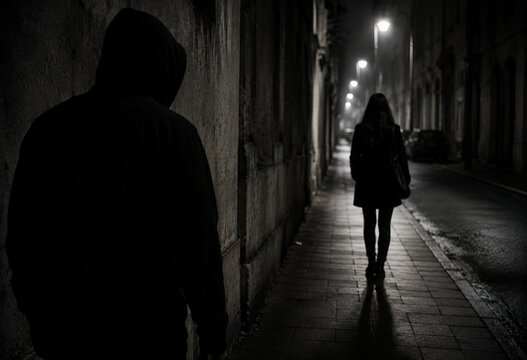 Suspenseful night scene of a hooded stalker hiding in the shadows, following a woman walking down a dark street.