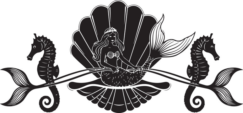 Mermaid sitting on a seashell surrounded by two seahorses swimming in ocean water