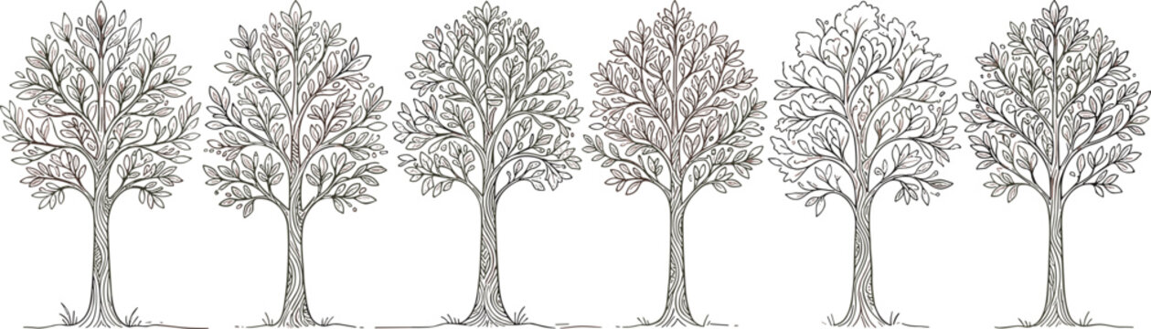 Trees in different seasons, illustration of six trees with changing foliage, nobody, landscape