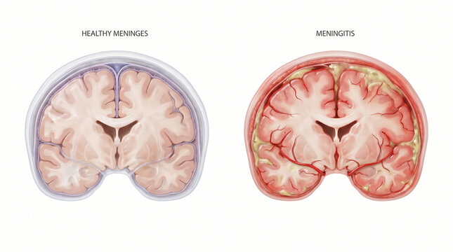 Healthy Brain Meninges vs Meningitis Infection and Inflammation