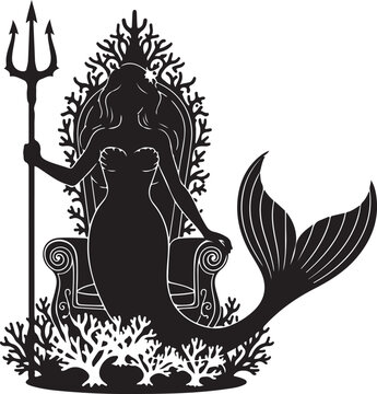 Mermaid sitting on throne with trident and coral reef surroundings ocean creature