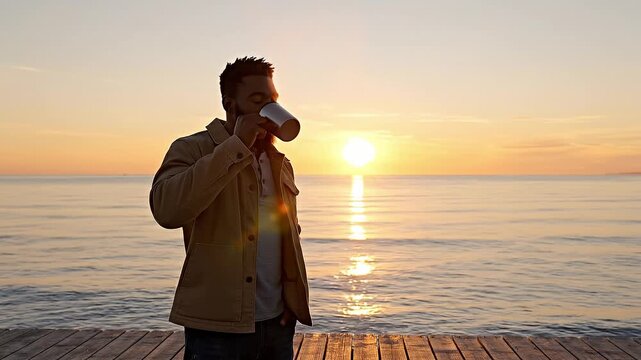 A man stands on a wooden pier holding a steaming mug at sunrise. The atmosphere is peaceful and reflective. Perfect for wellness, travel, or morning routine content.