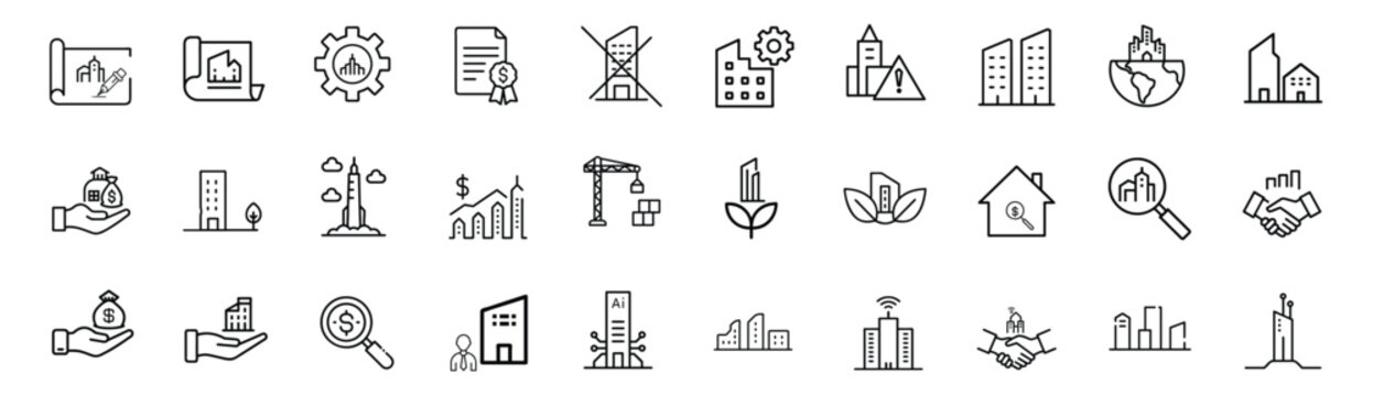 Architecture outline icons set real estate property skyscraper house building apartment town construction business & more vector illustration with editable stroke.
