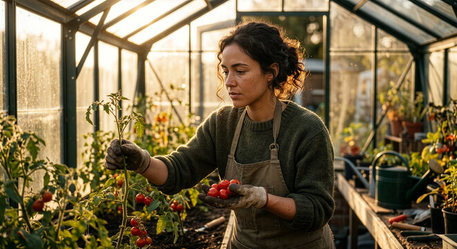 Junge Frau erntet frische Bio-Tomaten in einem rustikalen Gew&auml;chshaus bei Gegenlicht
