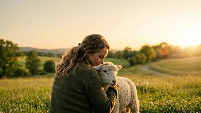 Young woman hugging a lamb in a rural field at sunset. Concept of kindness and innocence inspired by shepherd symbolism in Christian faith and religious tradition.