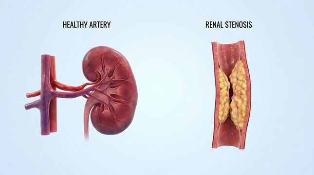 Renal artery stenosis plaque buildup atherosclerosis medical illustration