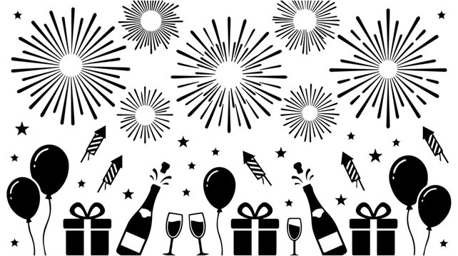 Celebration party icons set, black and white fireworks and champagne vector, festive holiday event elements with balloons and gifts