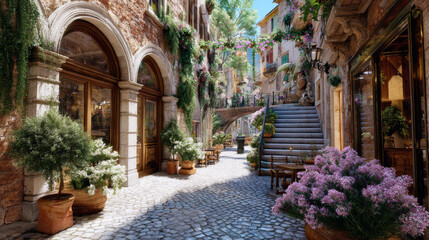 Sunny, picturesque old European alleyway showcases old-world architecture and vibrant plant life, enhancing the tranquil, inviting ambiance © Cascade Image Studio