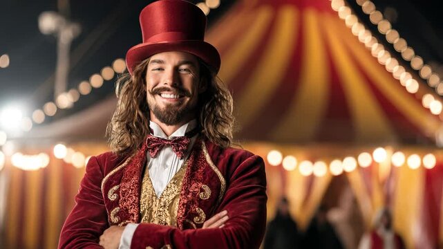 Male illusionist in bright circus costume and red cone hat posing in vibrant setting. Represents entertainment, performance, and fantasy themes for events and shows.