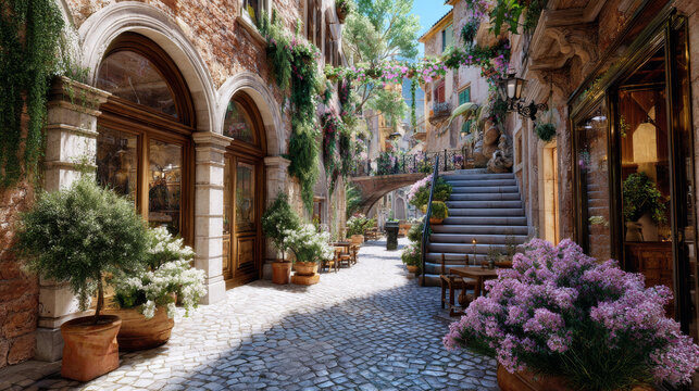 Sunny, picturesque old European alleyway showcases old-world architecture and vibrant plant life, enhancing the tranquil, inviting ambiance