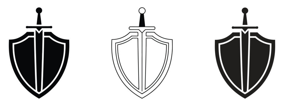 Shield and sword icon set representing protection, security, defense, safety, and strength