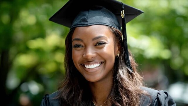 Smiling African American female graduate wearing cap and gown outdoors. Represents education, achievement, and future career success, academic and professional promotion.
