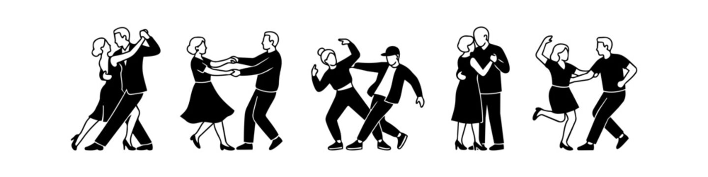 Minimalist black and white vector illustrations of diverse couples dancing various styles including tango, swing, hip hop, and slow dance. Ideal for social and creative design projects.