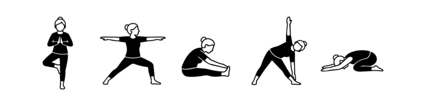Set of black and white silhouettes depicting a woman in various yoga poses, including Tree, Warrior, and Triangle. Ideal for fitness, wellness, and health-related graphics.