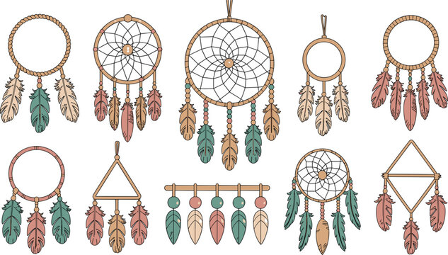 Boho Dreamcatcher Vector Illustration Set with Tribal Feathers Beads and Native American Ethnic Amulet Designs for Esoteric Mystical and Home Decor Graphics