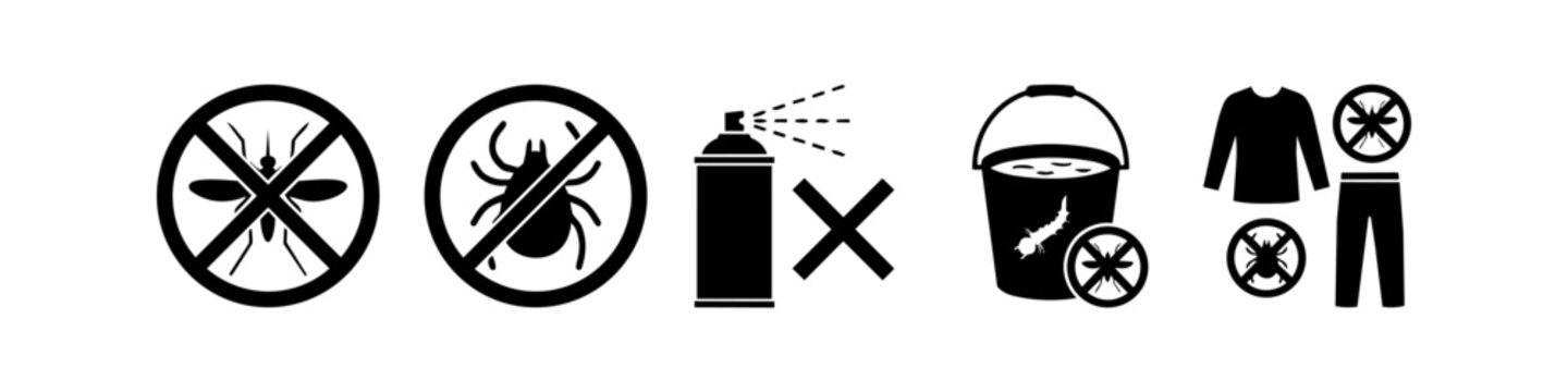 Set of black and white insect prevention icons featuring mosquito and tick control, repellent spray, standing water removal, and protective clothing to prevent bites and diseases.