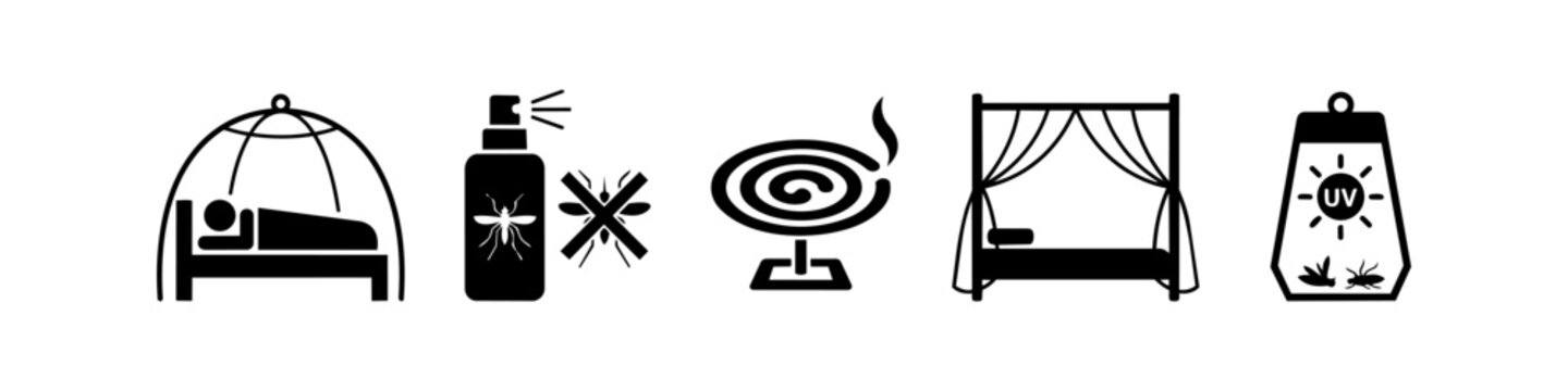 Set of minimalist black icons representing mosquito protection: bed nets, repellent spray, mosquito coil, canopy, and UV insect trap. Ideal for health, safety, and tropical travel themes.