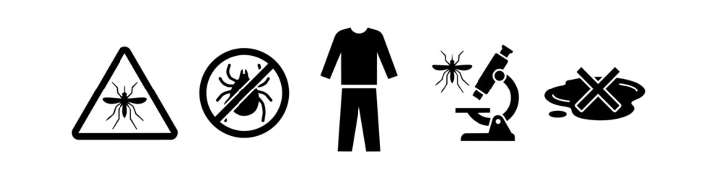 Vector set of icons for mosquito and tick prevention, featuring warning signs, protective clothing, scientific research, and standing water elimination for public health awareness.