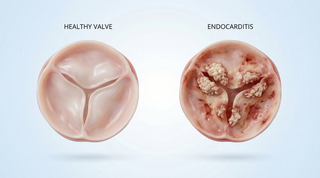 Infective endocarditis open heart valve bacterial lesion medical illustration
