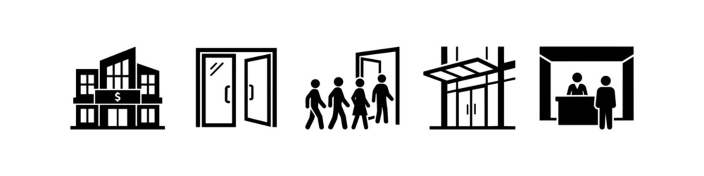Set of minimalist black and white icons representing building architecture, bank entrance, people entering a doorway, and a business reception desk with a visitor.