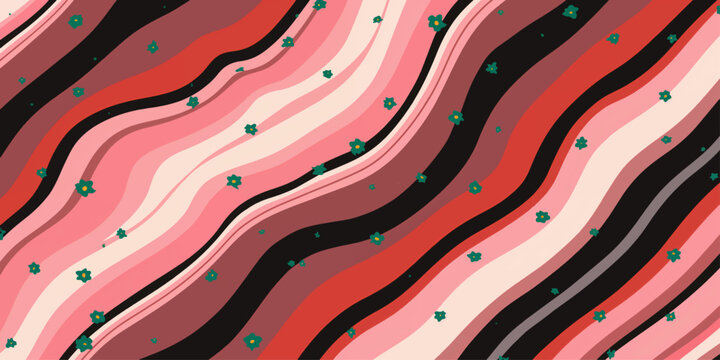 Seamless geometric pattern of red and yellow wavy stripes on a colorful textured retro wallpaper design