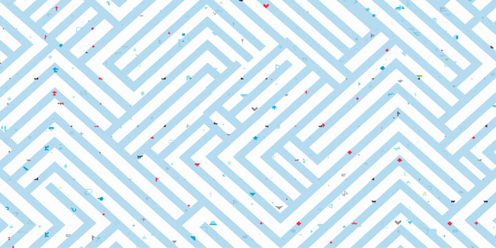 Seamless abstract geometric wallpaper featuring a blue maze pattern with 3D labyrinth lines and vintage vector textures for a modern backdrop design