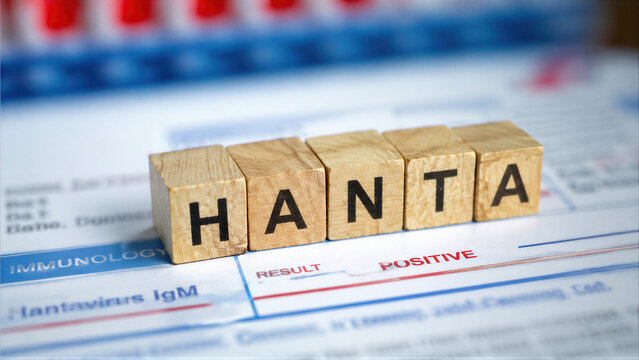 Positive Hantavirus IgM lab test result shown with wooden blocks spelling HANTA on an immunology report in a medical laboratory setting.