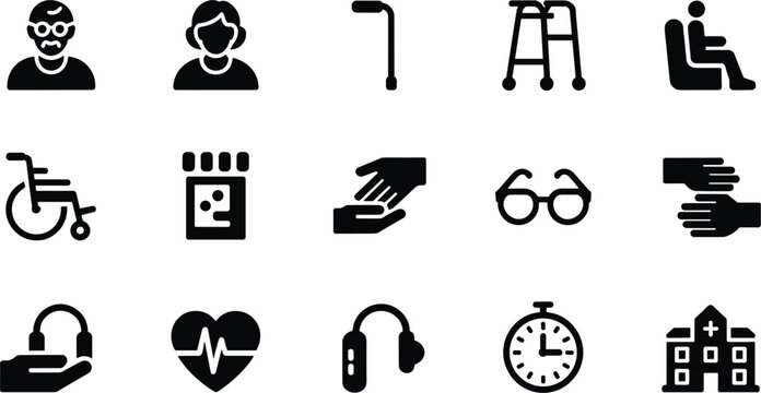 Elderly Care and Senior Healthcare Solid Vector Icon Set with Wheelchair Walking Frame Hearing Aid Nursing Home and Helping Hands for Retirement Designs