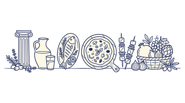 Food and drink illustration with pizza, bread, fruits and wine, nobody