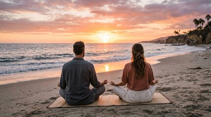 Fototapeta premium Couple meditating on the beach at sunset with peaceful ocean view and palm trees in the distance on a serene sandy shore